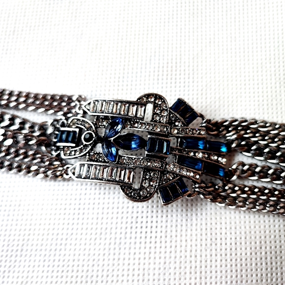 Silver Tone 6 Strand Chain Sapphire Blue Rhinestone Reproduction Bracelet - Picture 2 of 6